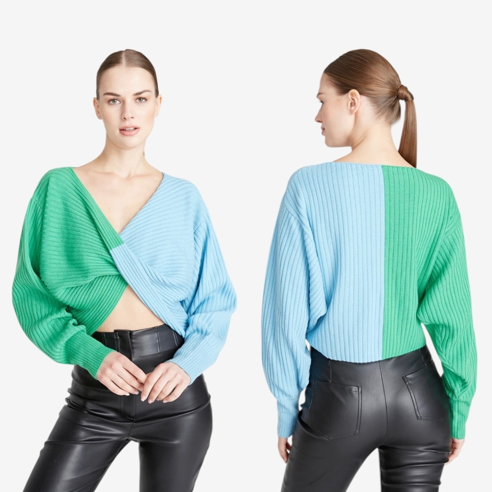 $348 ANTHRO x AMUR Reversible Merino Wool Twist Crop Sweater V Neck Pull Over XS